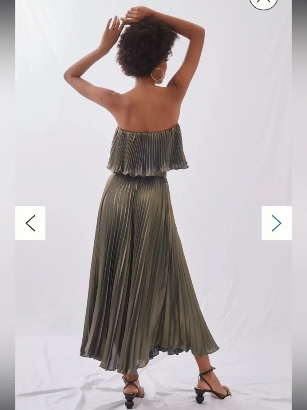 New Anthropologie Pleated Metallic Skirt Set Gold Green Cropped Top Midi Maxi 6